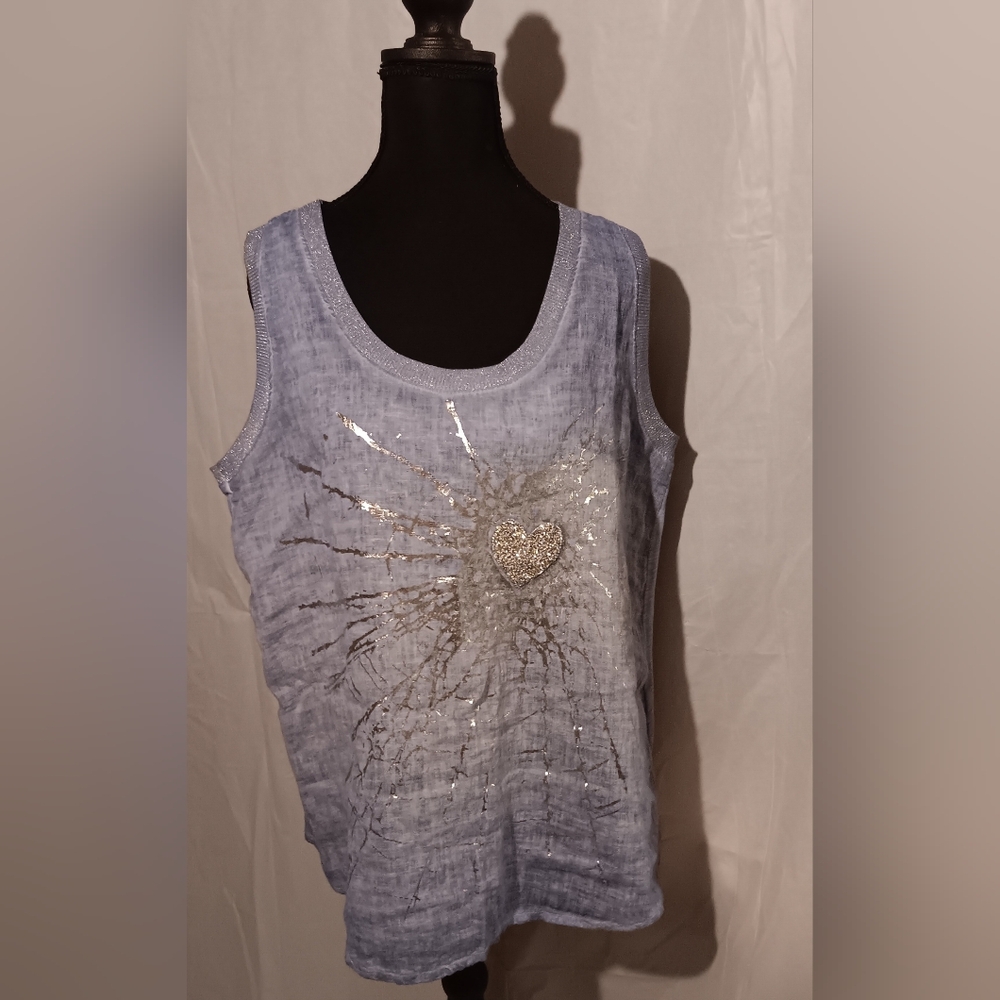 Tempo Paris Women's L Blue Sleeveless Top w/Silver Sequin Heart Metallic Graphic